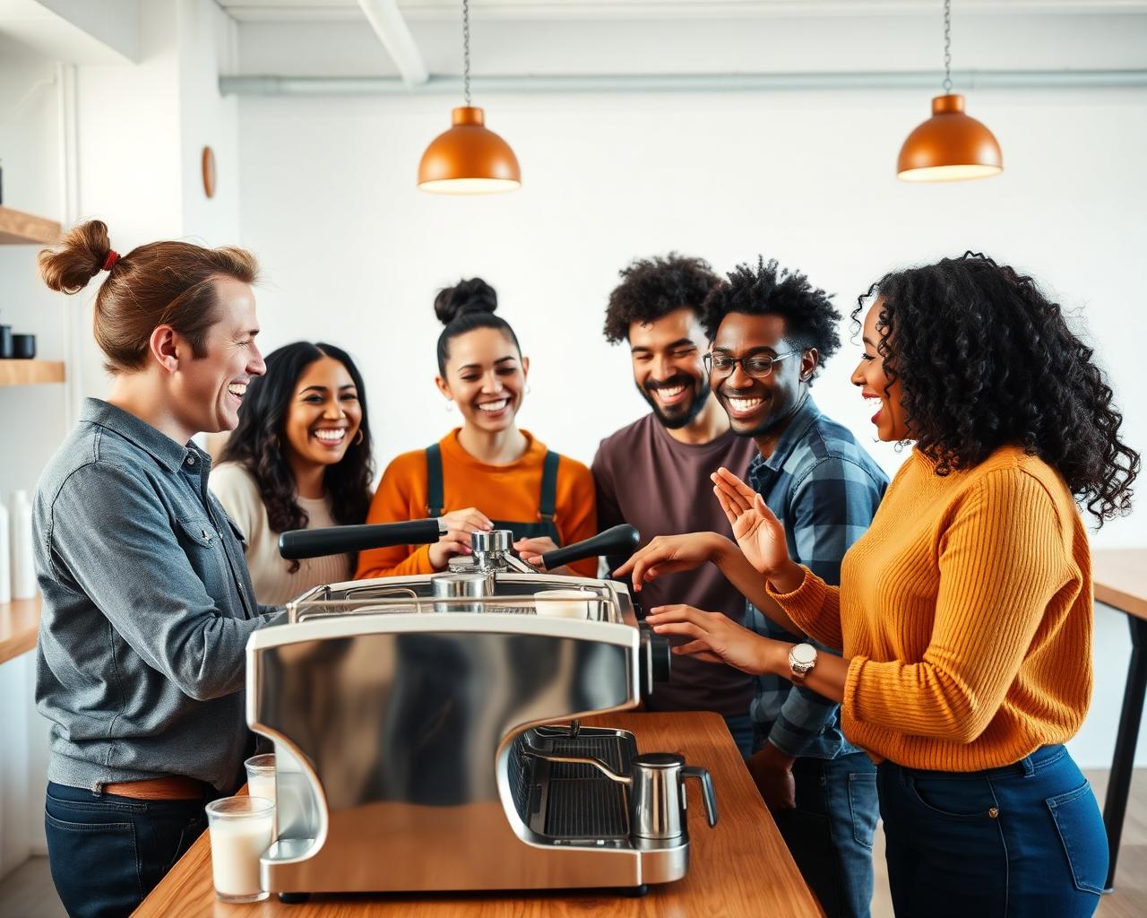 Gruppe von Teilnehmern im tuttobene Latte Art Workshop, lachend an der Espressomaschine