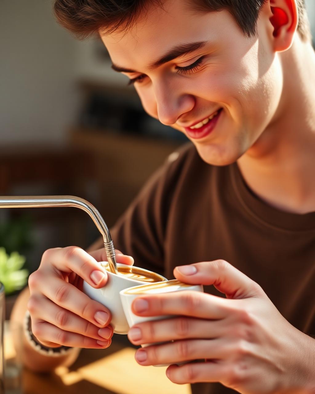 Konzentrierter Teilnehmer beim Gießen seiner ersten Latte Art bei tuttobene