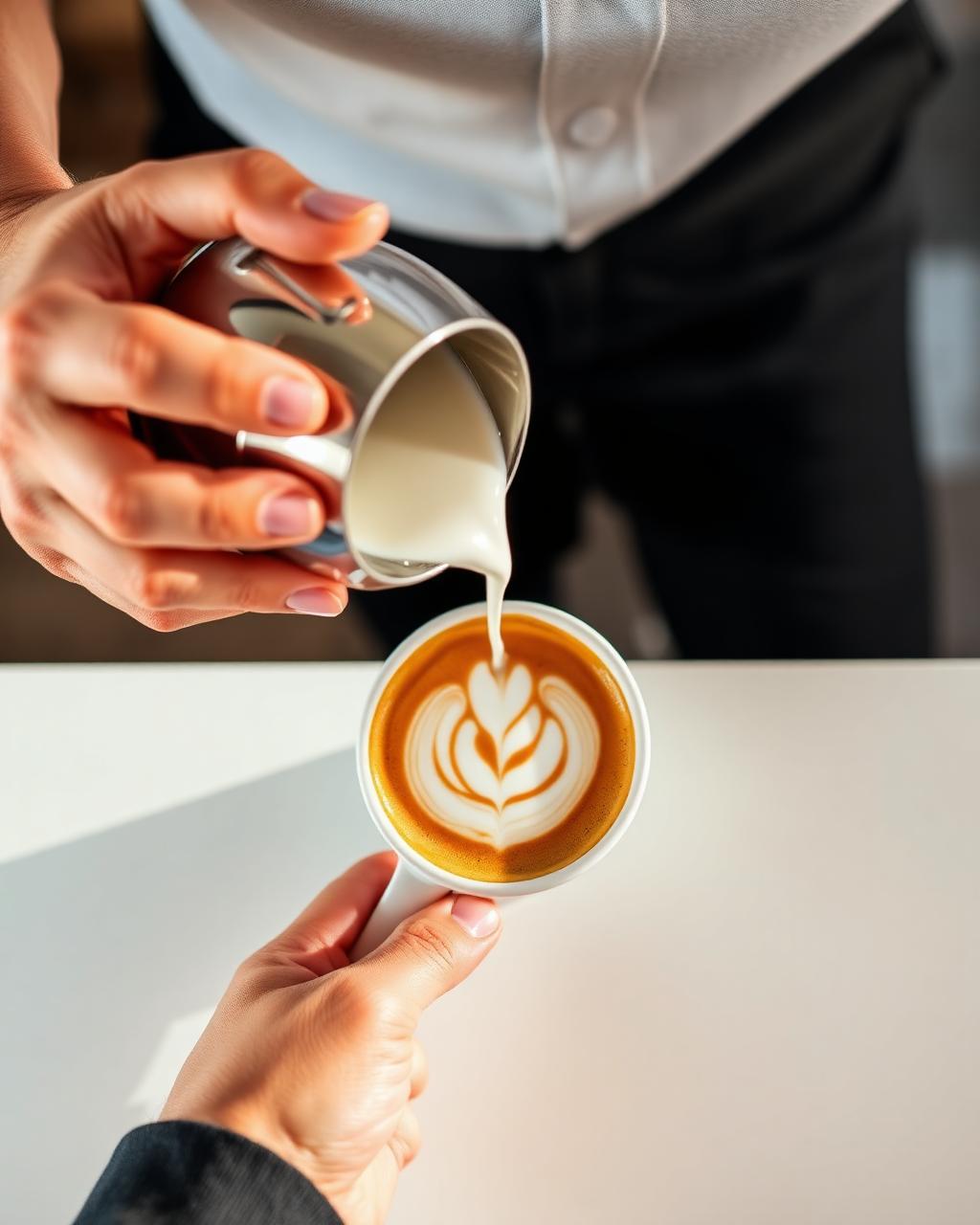 Hände gießen Milch in eine Espressotasse — erste Latte Art im tuttobene Workshop